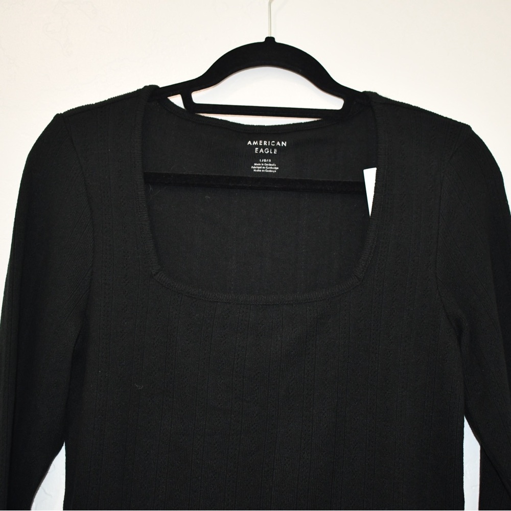 American Eagle Black Ribbed Long Sleeve Top Square Neck Fitted Basic NWT Size L - Picture 3 of 6